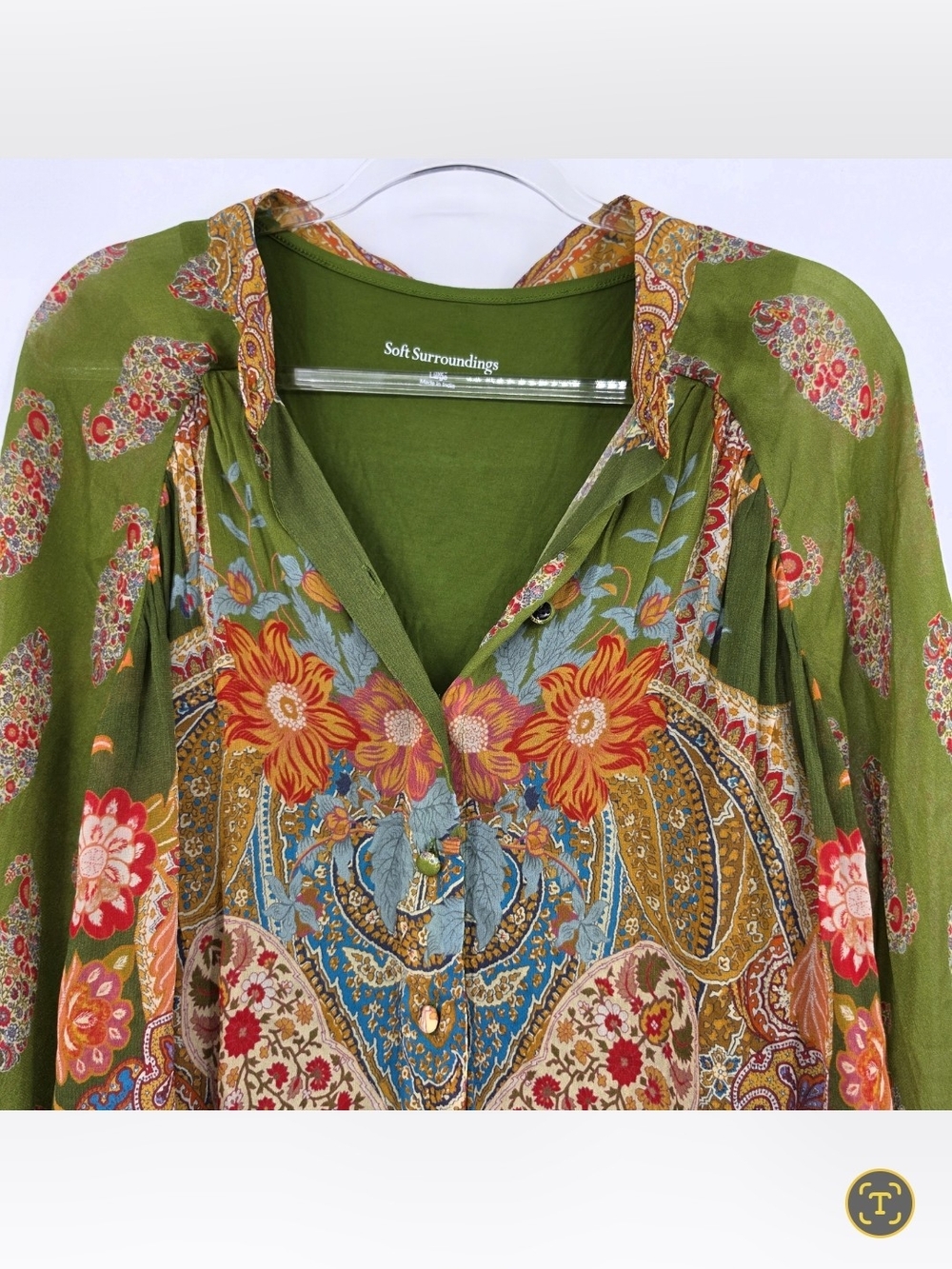 Soft Surroundings Desert Flower Tunic Blouse Printed Green Large Built In Tank - Picture 2 of 7